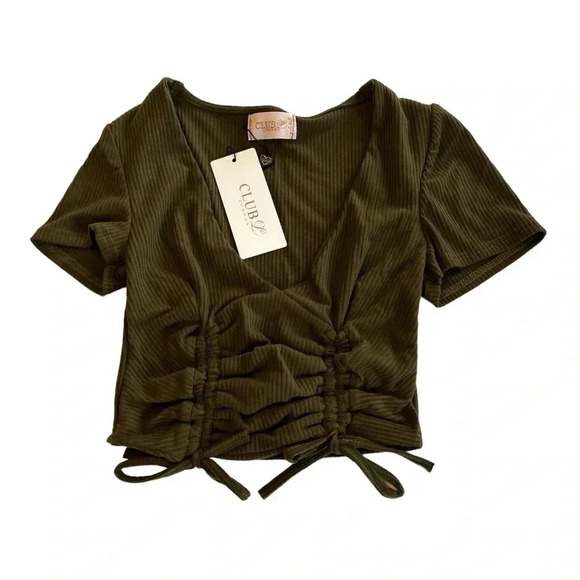 Club L London Ruched Front Plunge Front Crop Top Khaki Green/Brown Size 2 NWT - Picture 6 of 10